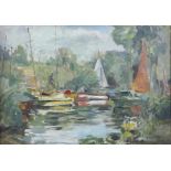 Oil on canvas maritime scene with yachts on a lake. Signed 'Finn' verso. Framed. Image size 23 x