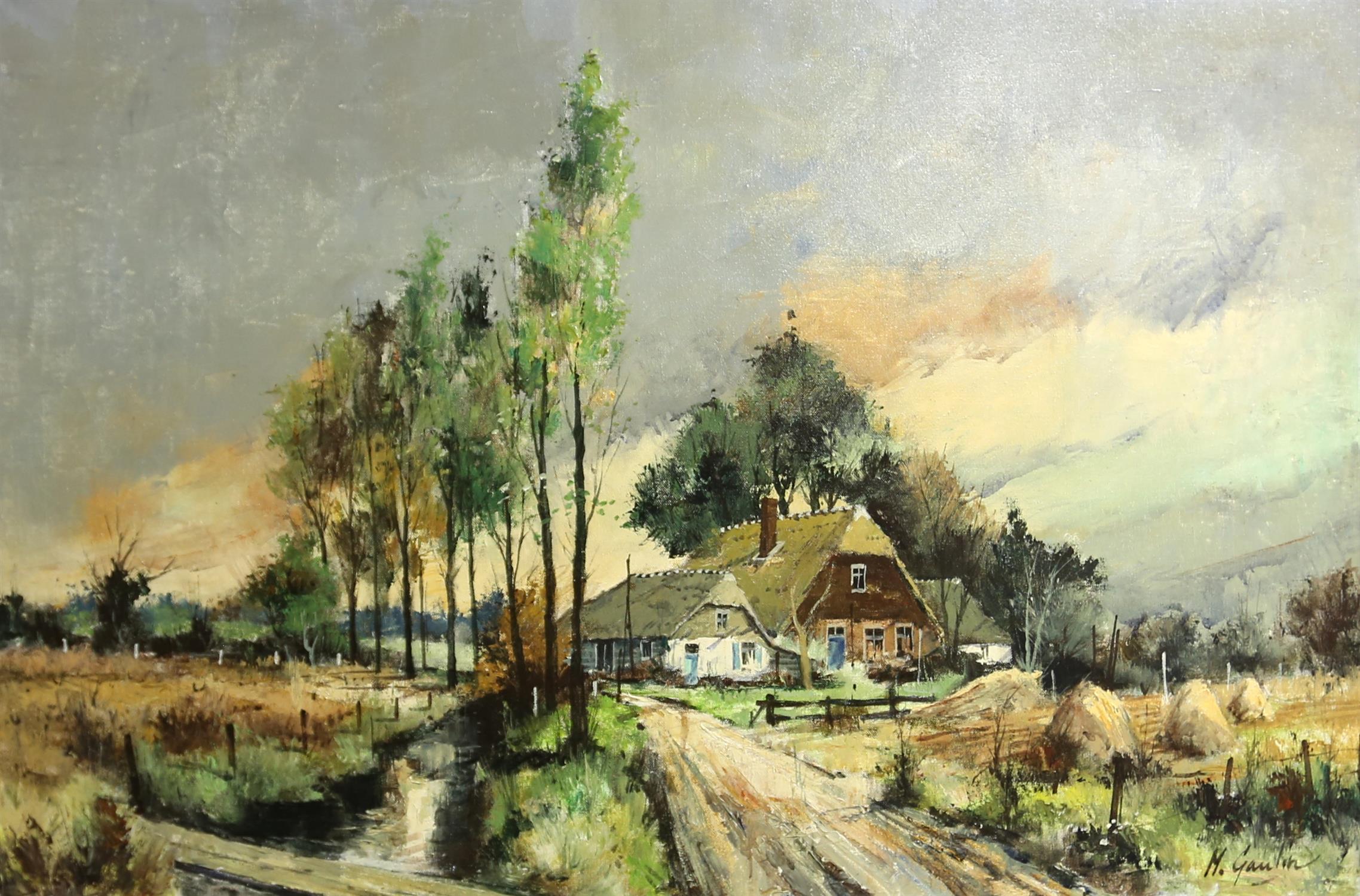 M. Gaulin (20th century). Continental Farmhouse in Autumn Landscape. Oil on canvas,