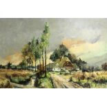 M. Gaulin (20th century). Continental Farmhouse in Autumn Landscape. Oil on canvas,