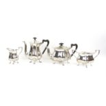 Four piece silver tea and coffee service of fluted diamond shape comprising Coffee Pot, Tea Pot,