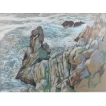 Michael Woods (British twentieth century), seascape with cliffs. Pastel. Signed and dated 1974