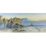 W. Earp, 19th century, shore scene with figures, boats and clifftop windmill, signed, watercolour,