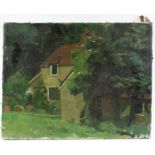 § Lionel Ellis.(1903-1988) House in Trees, oil on canvas, unsigned 36 x 46cm. Mill House,