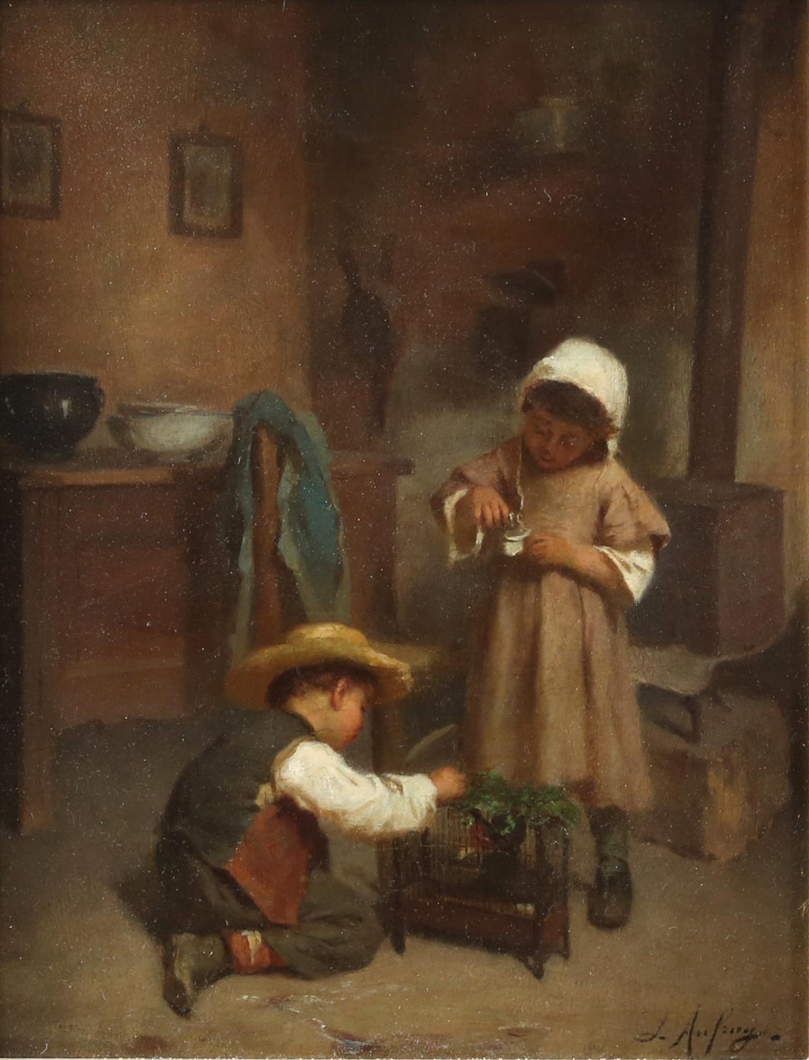 Joseph Athanase Aufray, French 1836-c. 1885, feeding the pet bird, signed, oil on panel, 26 x 20cm,