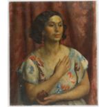 § Lionel Ellis. (1903-1988) Portrait of a Woman holding a Pomegranate. Oil on canvas, unsigned.