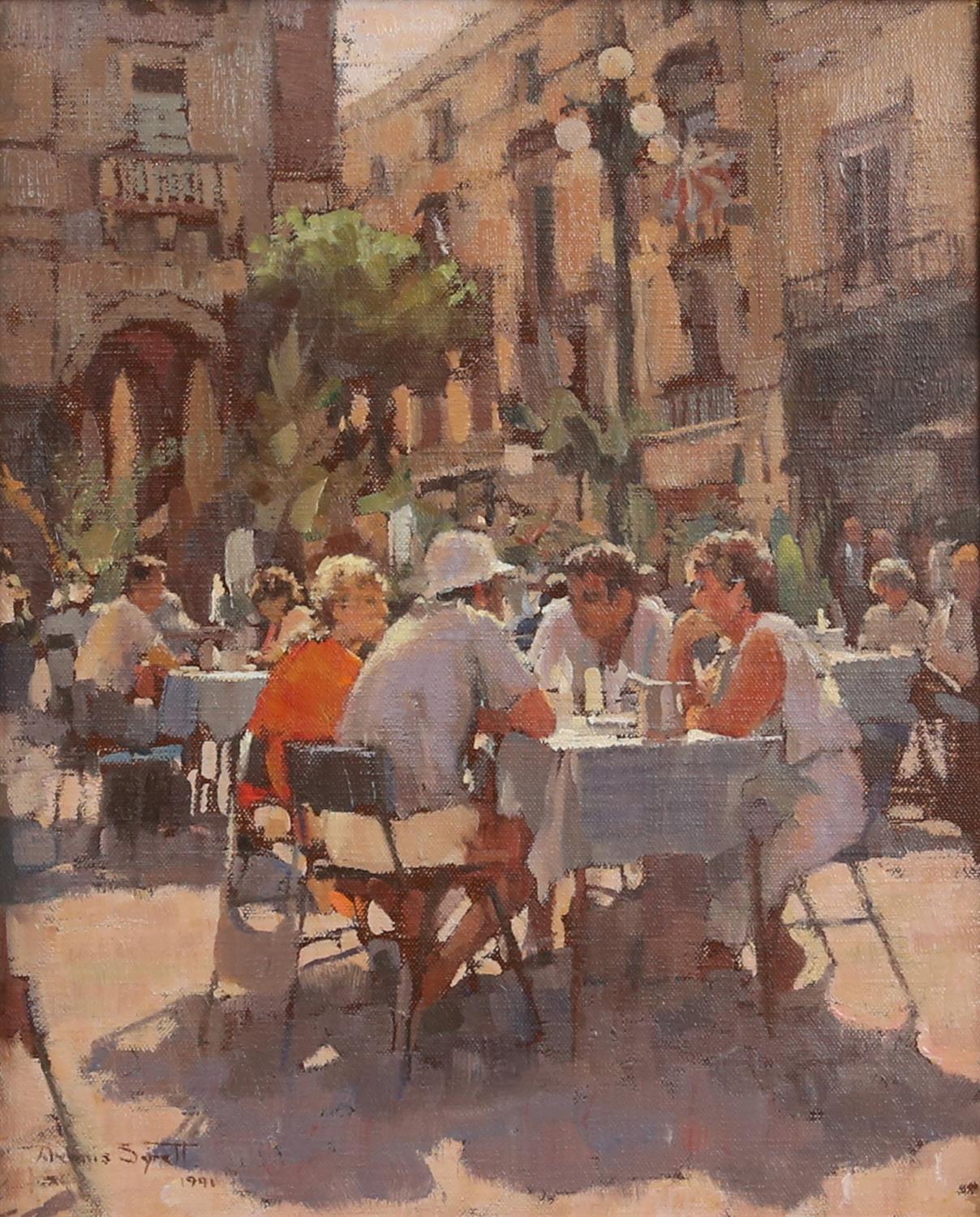 § Dennis Syrett (Contemporary British, b. 1934), 'Coffee Time, Valetta' (1991). Oil on canvas.