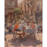 § Dennis Syrett (Contemporary British, b. 1934), 'Coffee Time, Valetta' (1991). Oil on canvas.