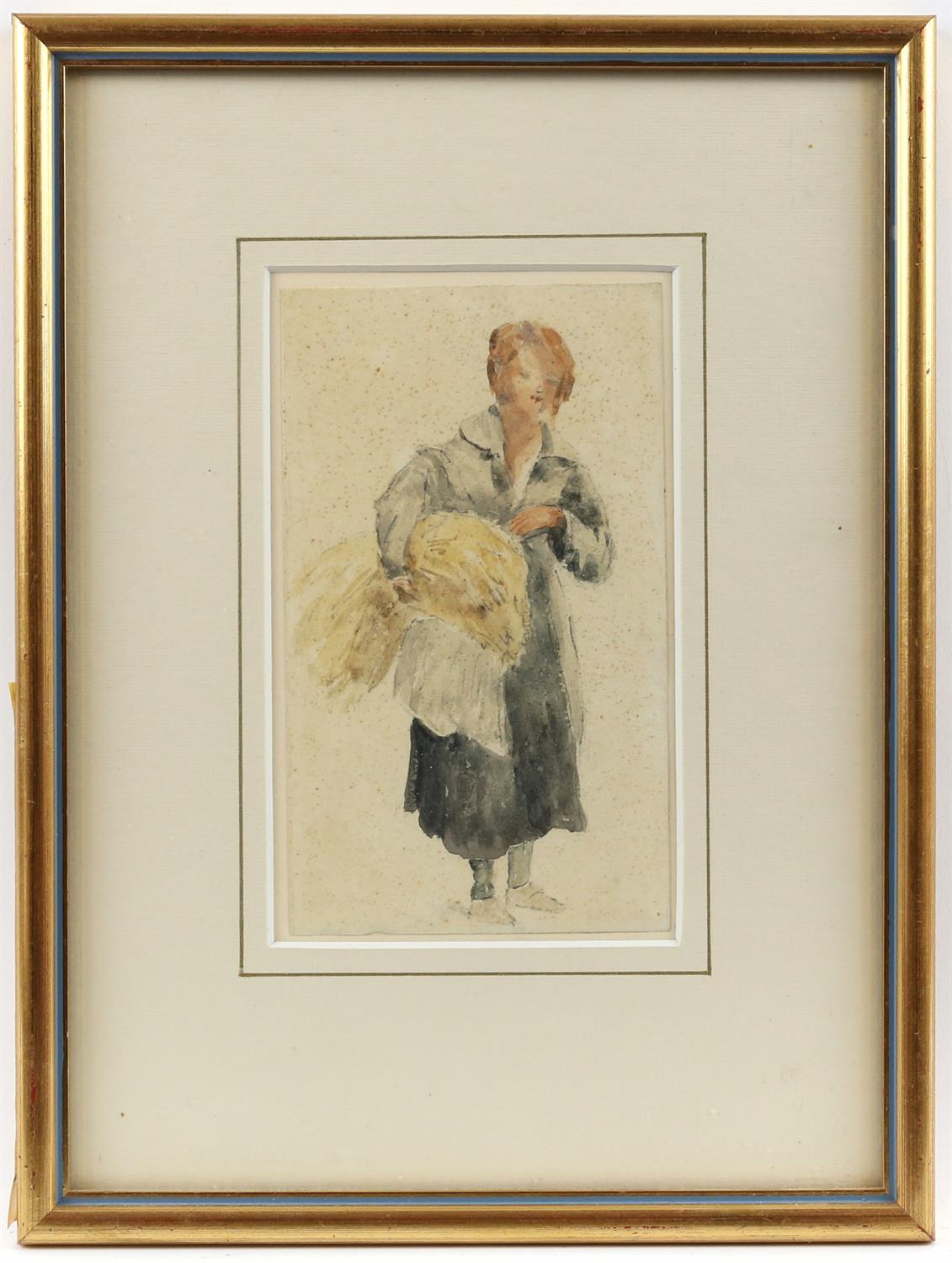 19th century English School, young woman carrying a sheath of corn, watercolour, 17.5cm x 10cm, - Image 2 of 3