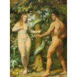 § Lionel Ellis. (1903-1988) Adam and Eve in the Garden of Eden. Oil on board. 45 x 34.