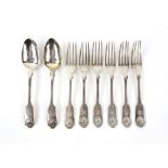 Set of six William IV fiddle and shell pattern table forks and two desert spoons by Charles Boyton