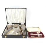 Silver dressing set , silver topped glass jars, silver mirror and brushes cased silver 3 piece