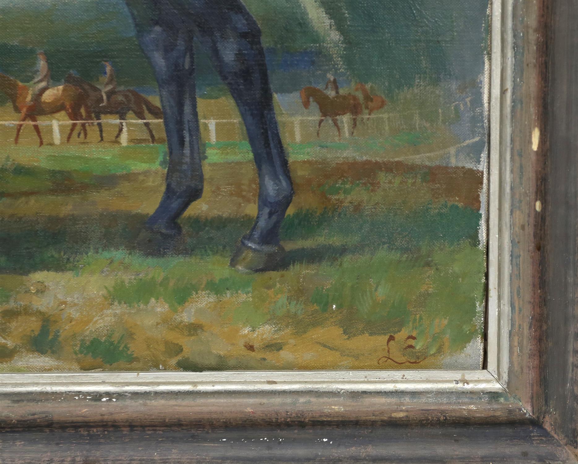 § Lionel Ellis (1903-1988). Grey Horse at a Racecourse. Oil on canvas, signed with initials lower - Image 4 of 4