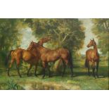 § Lionel Ellis (1903-1988). Three Horses Standing Beneath a Tree. Signed lower right. Oil on canvas.