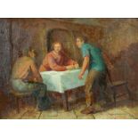 § Lionel Ellis, (1903-1988). Figures at a Table. Oil on board, unsigned. 32 x 44cms.