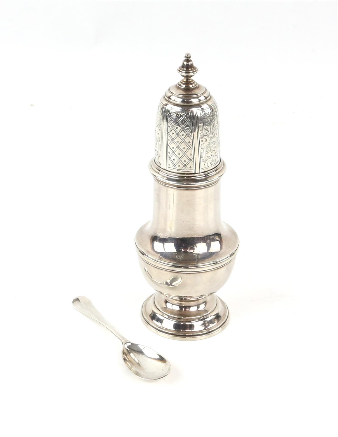 George II silver blind caster of baluster form the domed cover with trellis, dot and foliate