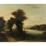 19th century English School, landscape with figure by a cottage, river with swans and church,