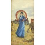 Late 19th century French School, lady in a long blue dress with a parasol, in a harvested field,