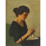 Salomon van Abbe (Dutch/British, 1883-1955) Portrait of a woman knitting. Oil on canvas. Signed 'S.