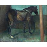 § Lionel Ellis (1903-1988). Dark Horse in a Stable. Oil on board, unsigned but dated 1952 lower
