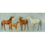 § Lionel Ellis (1903-1988). Four horses on a blue ground. Oil on board, unsigned. 34 x 69cms.