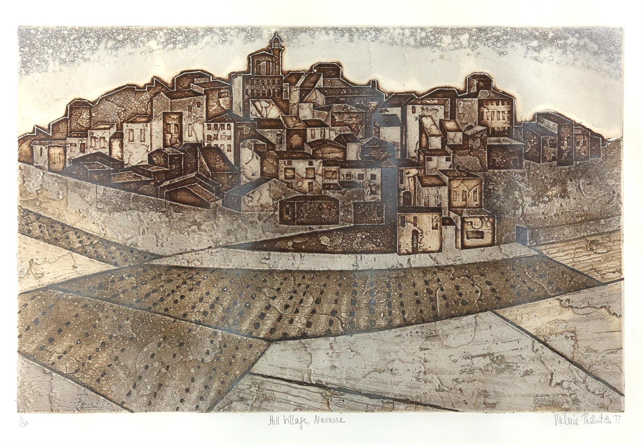 Valerie Thornton (British, 1931-1991). 'Hill Village, Navame'. Limited-edition lithograph. Signed,