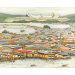 Diana Coulter, (British 20th century), Far Eastern scene with houses on stilts and palace beyond,