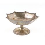 George V octagonal silver tazza with decorated borders on a round foot, by Frank Cobb and Co.
