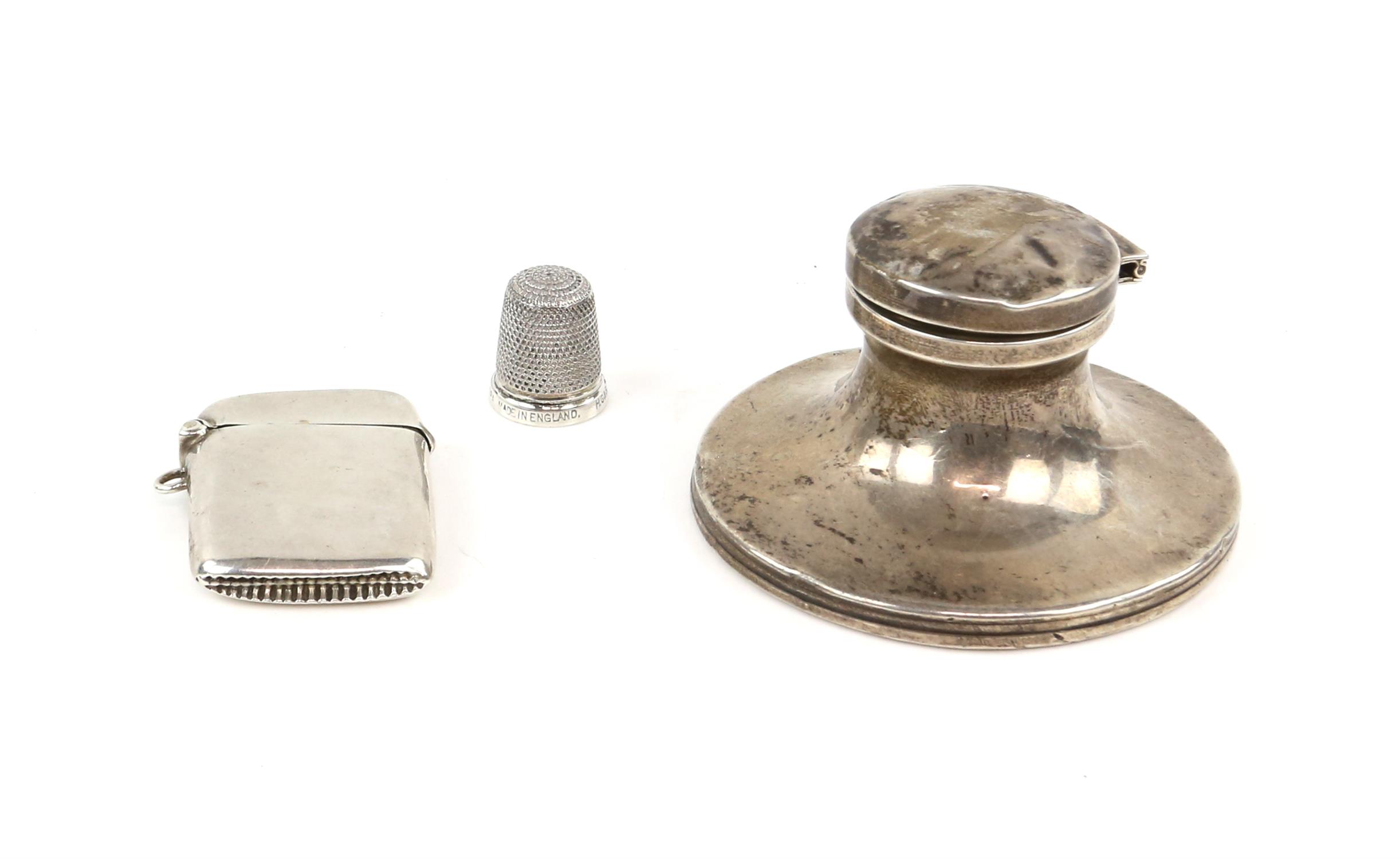 Silver vesta case, Birmingham 1913, silver inkwell Birmingham 1921 and a sterling silver thimble