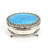 Silver and blue Guilloche enamel trinket box, sat on four cabriole legs by Henry Clifford Davis,