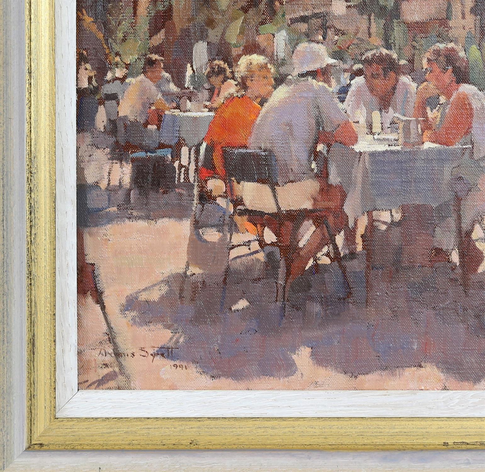 § Dennis Syrett (Contemporary British, b. 1934), 'Coffee Time, Valetta' (1991). Oil on canvas. - Image 4 of 4