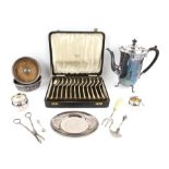Cased set of 12 rat's tail soup spoons by Mappin and Webb Ltd. coffee pot, pair of bottle coasters,