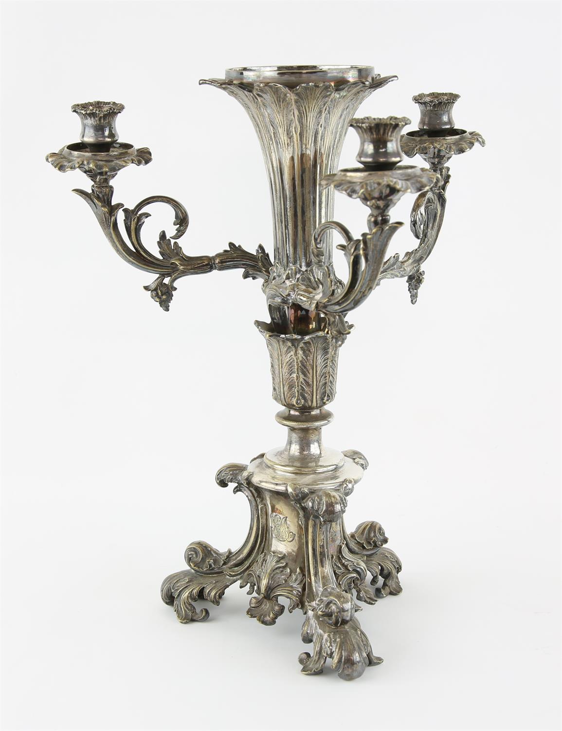 Silver plated three light centre piece with scroll arms and feet, with motto 'Vincit Qui Pattur',