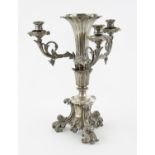 Silver plated three light centre piece with scroll arms and feet, with motto 'Vincit Qui Pattur',