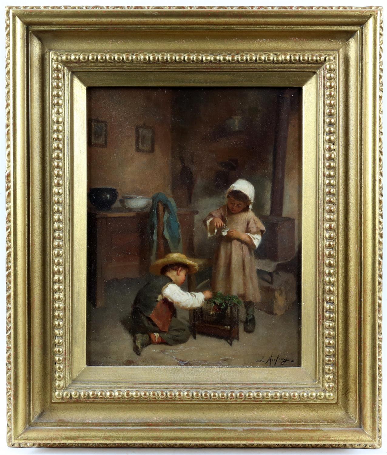 Joseph Athanase Aufray, French 1836-c. 1885, feeding the pet bird, signed, oil on panel, 26 x 20cm, - Image 2 of 4