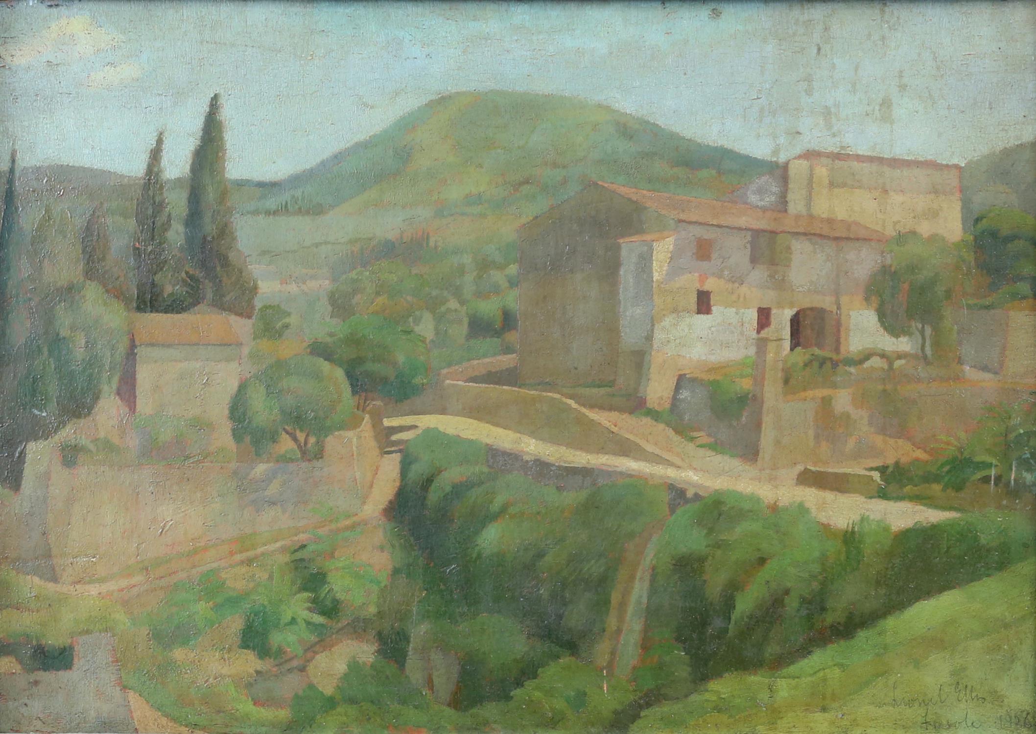 § Lionel Ellis (1903-1988). Buildings in a Continental Landscape. Oil on board. Exhibition label - Image 2 of 6