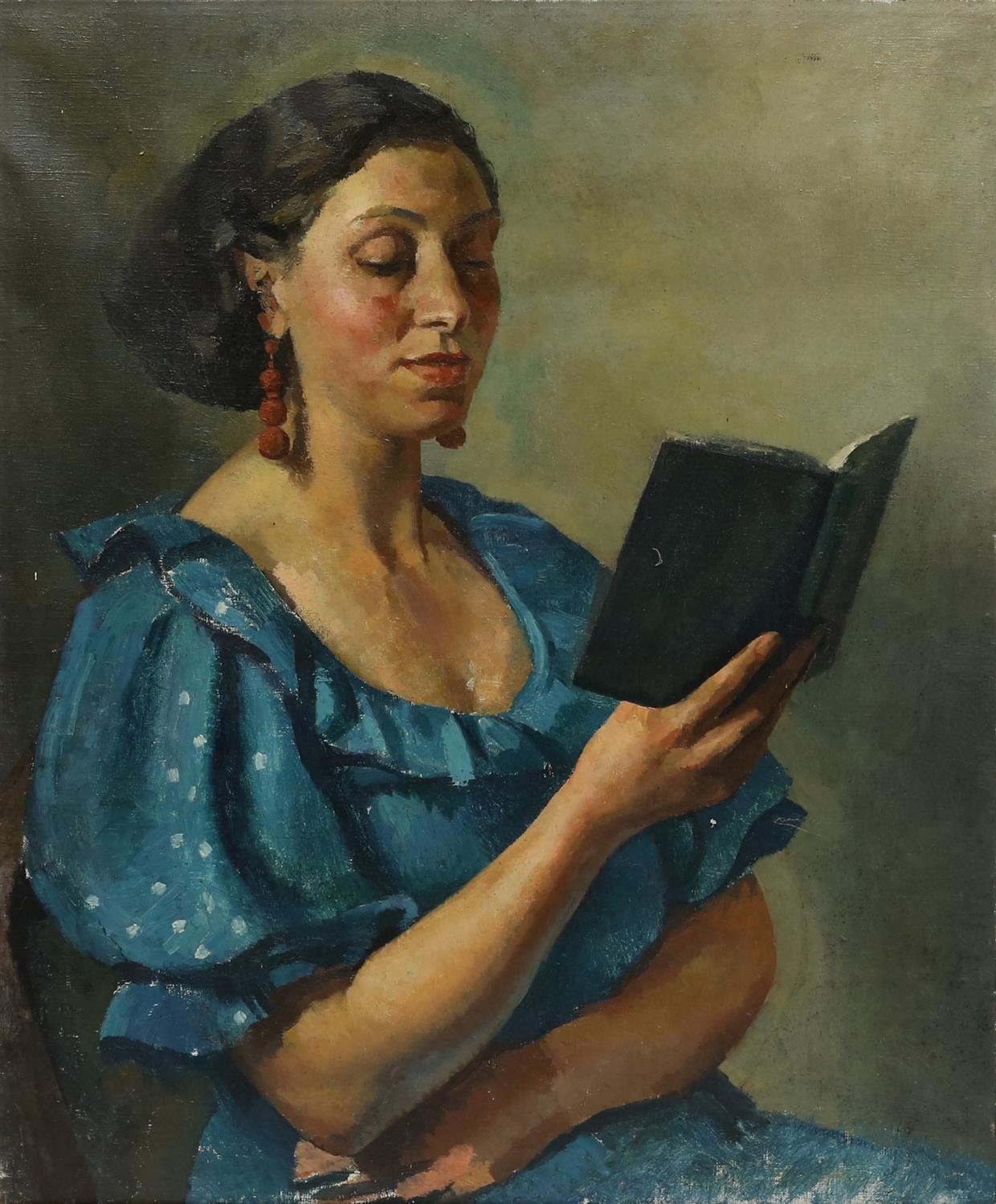 § Lionel Ellis,.(1903-1988) Portrait of a Woman Reading. Oil on canvas, unsigned. 78 x 92cm.