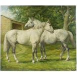 § Lionel Ellis (1903-1988) Two Grey Horses in a Paddock. Oil on panel, 1977. Signed and dated lower