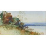 J Shapland, 20th century, 'Near Hackney, On the Teign', signed, watercolour, 23 x 44cm, label verso,