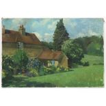 § Lionel Ellis. (1903-1988) Three Oils on canvas. A Sunlit house in Flowering Garden 52 x 77cm,