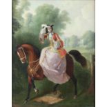 Nineteenth-century English School, portrait of a lady on horseback. Oil on canvas. Unsigned. Framed.