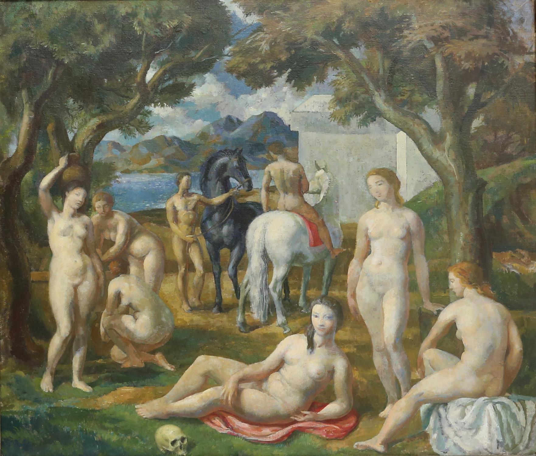 § Lionel Ellis.(1903-1988) Classical Scene with Nudes and Horses in a Coastal Garden. Oil on canvas,