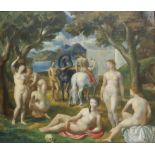 § Lionel Ellis.(1903-1988) Classical Scene with Nudes and Horses in a Coastal Garden. Oil on canvas,