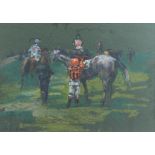 Claire Eva Burton (1955) Jockeys mounting in the horse enclosure, pastel signed, 24cm x 34cm