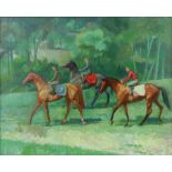 § Lionel Ellis (1903-1988) Riders in the Woods. Oil on board, unsigned. 46 x 56cm.