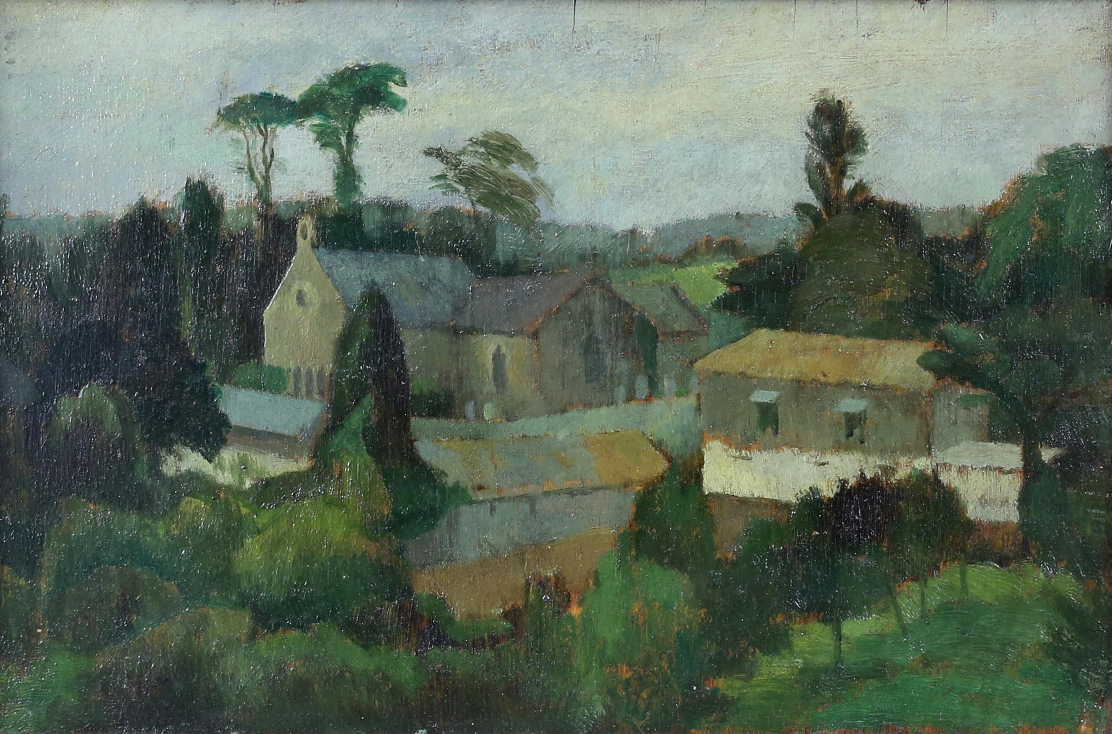 § Lionel Ellis (1903-1988). Buildings in a Continental Landscape. Oil on board. Exhibition label