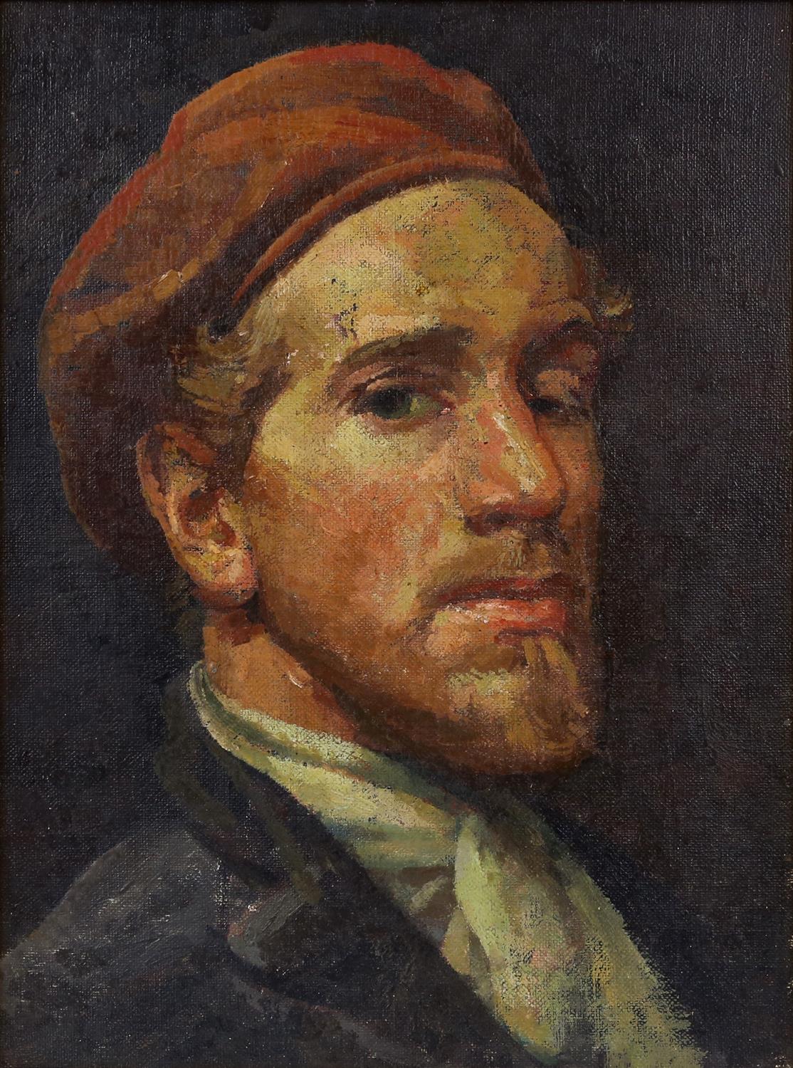 § Lionel Ellis. (1903-1988) Self Portrait of the Artist wearing a Red Beret. Oil on board, unsigned.
