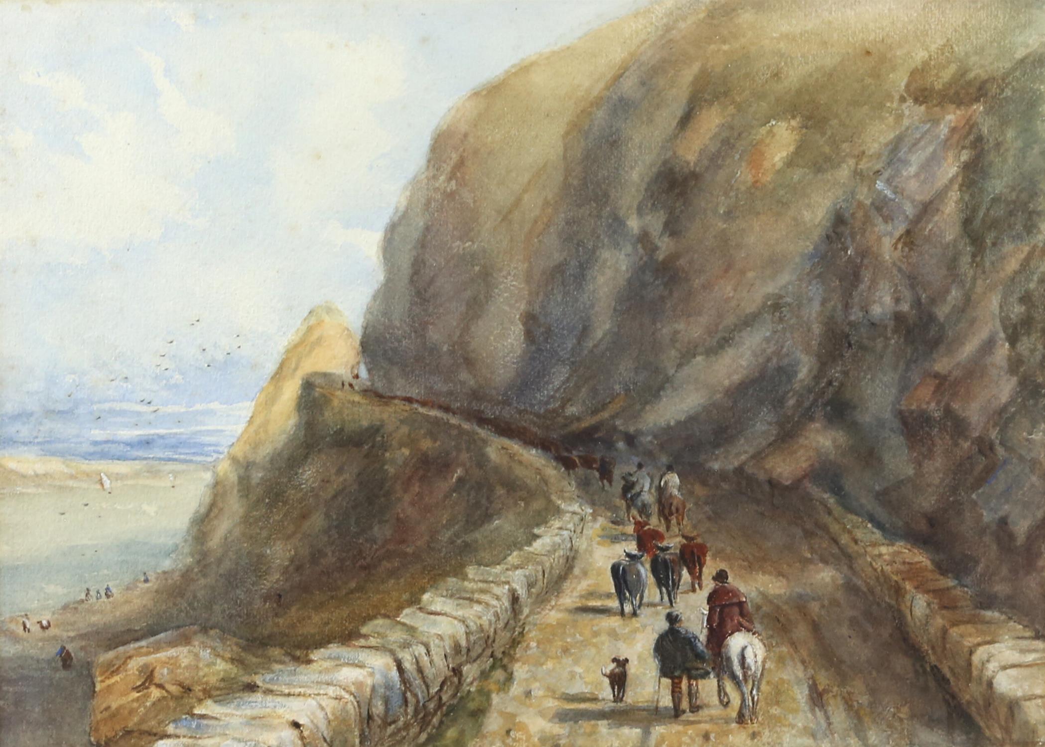 Manner of David Cox, herding cattle on a coastal track, watercolour, unsigned, 25cm x 35cm