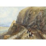 Manner of David Cox, herding cattle on a coastal track, watercolour, unsigned, 25cm x 35cm