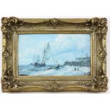 Carved giltwood frame with pierced foliate scrolls, 38cm x 53cm, with a print on canvas of boats by