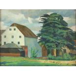 § Lionel Ellis. (1903-1988) House by a Cedar Tree. Oil on board, unsigned, inscribed verso ‘Cedars’.